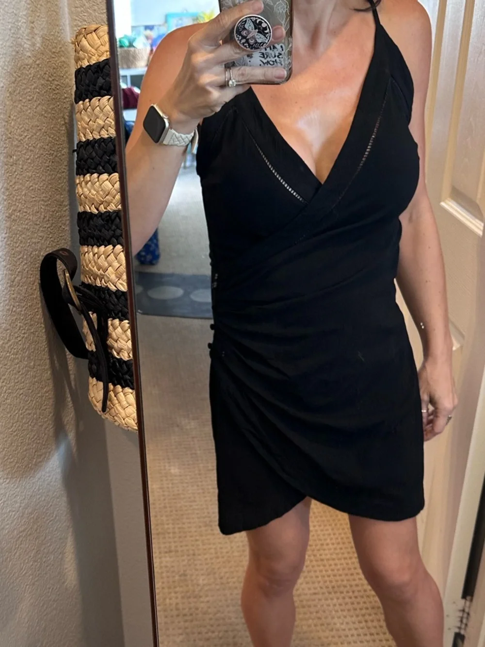 Free People Dylan Mini Dress Black M Bodycon Wrap Ruched Button Detail Slip